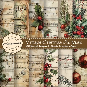 12pcs Christmas Holly Berry Music Sheet Scrapbook Paper Set, Decorative Craft Paper For Card Making Gift Box,Journaling Supplies