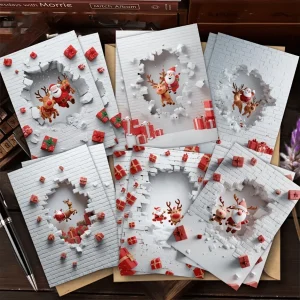 12pcs Christmas Wall Hole Santa Claus Reindeer Greeting Cards (6 Cards) with Envelopes (6pcs) Family and Friends Message Cards