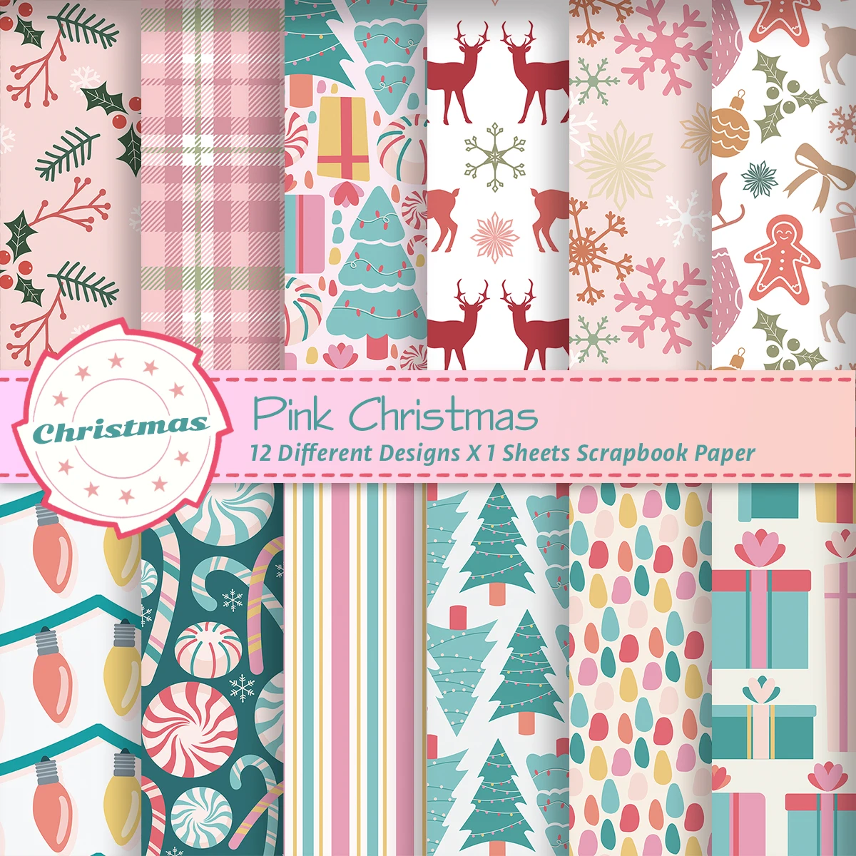 12pcs Retro Christmas Scrapbook Paper,Christmas Tree Design Single Sided DIY Craft Paper For Journal Card Making Gift Decoration