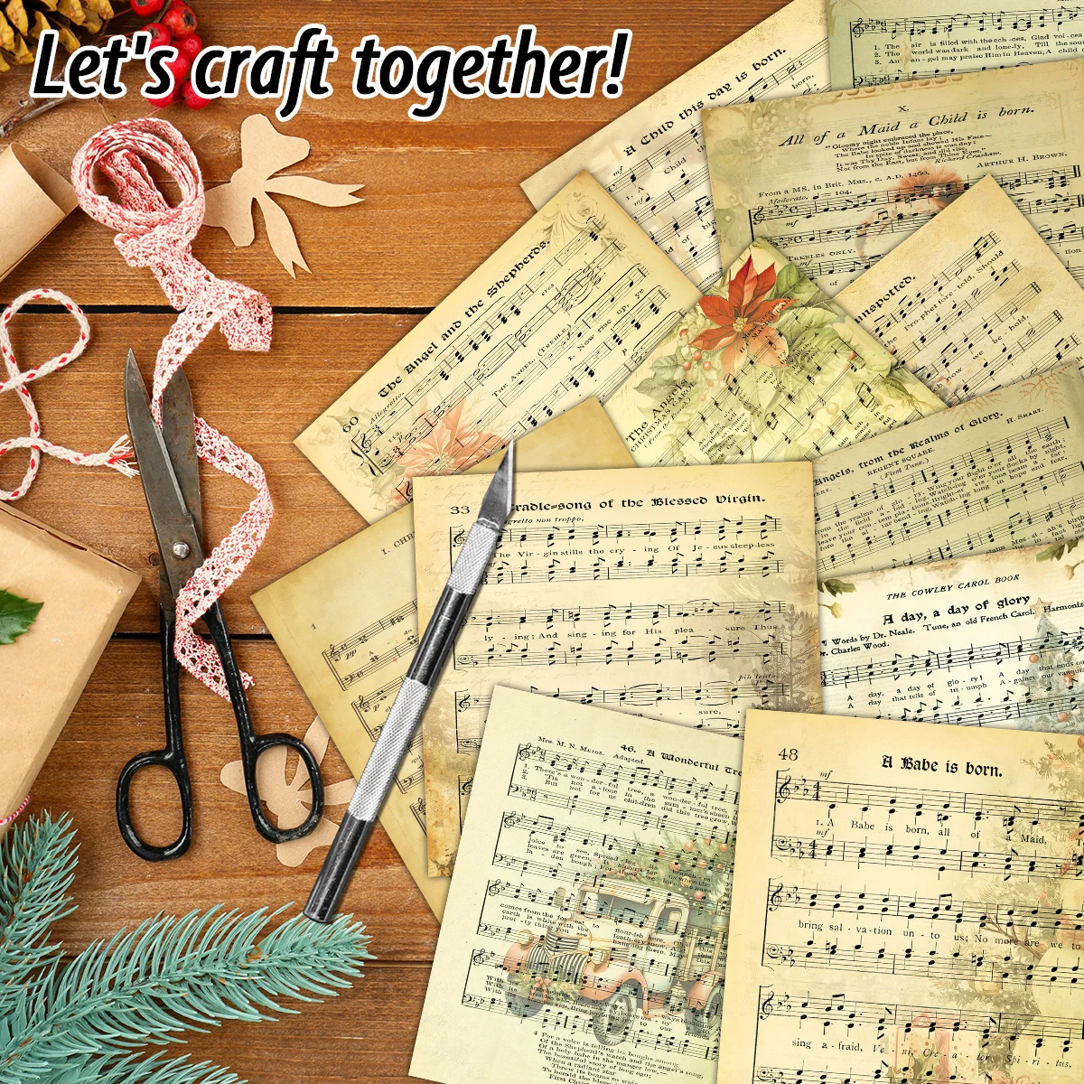 12piece Vintage Christmas Carol Sheet Music Scrapbook Paper,For Diy Crafts,Journals,Collage Art,Christmas Gift Decorative Paper - Image 2