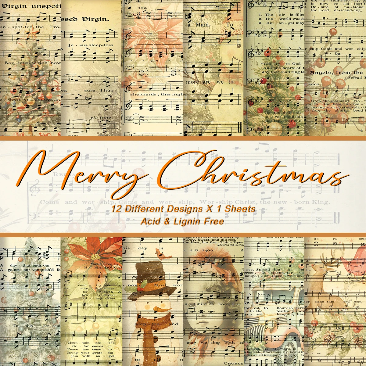 12piece Vintage Christmas Carol Sheet Music Scrapbook Paper,For Diy Crafts,Journals,Collage Art,Christmas Gift Decorative Paper