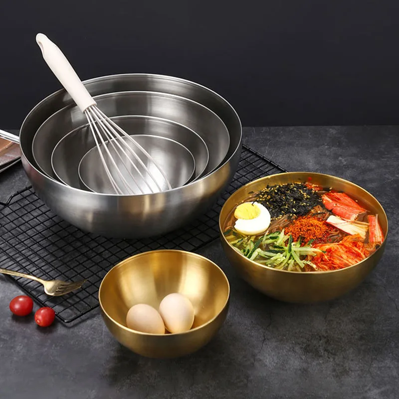 15cm/20cm/24cm/28cm Korean Stainless Steel Salad Bowl Multifunctional Cooking Basin Noodle Bowl Round Golden Silver Bowl
