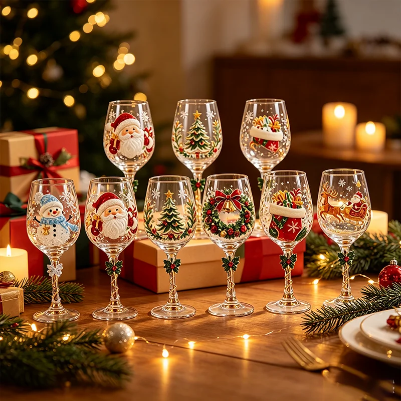 1/6pcs Christmas Wine Glasses Goblet Snowman Reindeer Stockings Sticker Transparent Glass Festival Decoration Party Art Cup Gift