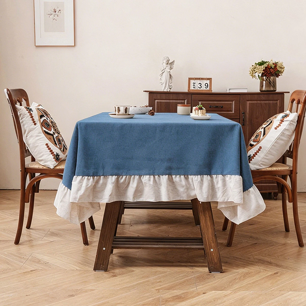 1PC American Style Countryside Ruffle Edge Color Blocked Tablecloth, Washable, Suitable for Living Room, Dining Room, Wedding - Image 2