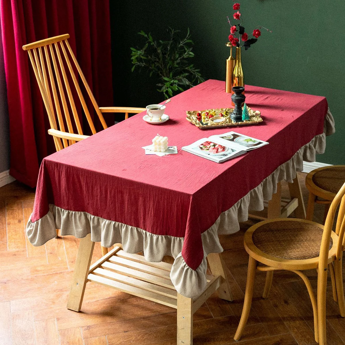 1PC American Style Countryside Ruffle Edge Color Blocked Tablecloth, Washable, Suitable for Living Room, Dining Room, Wedding - Image 6