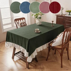 1PC American Style Countryside Ruffle Edge Color Blocked Tablecloth, Washable, Suitable for Living Room, Dining Room, Wedding