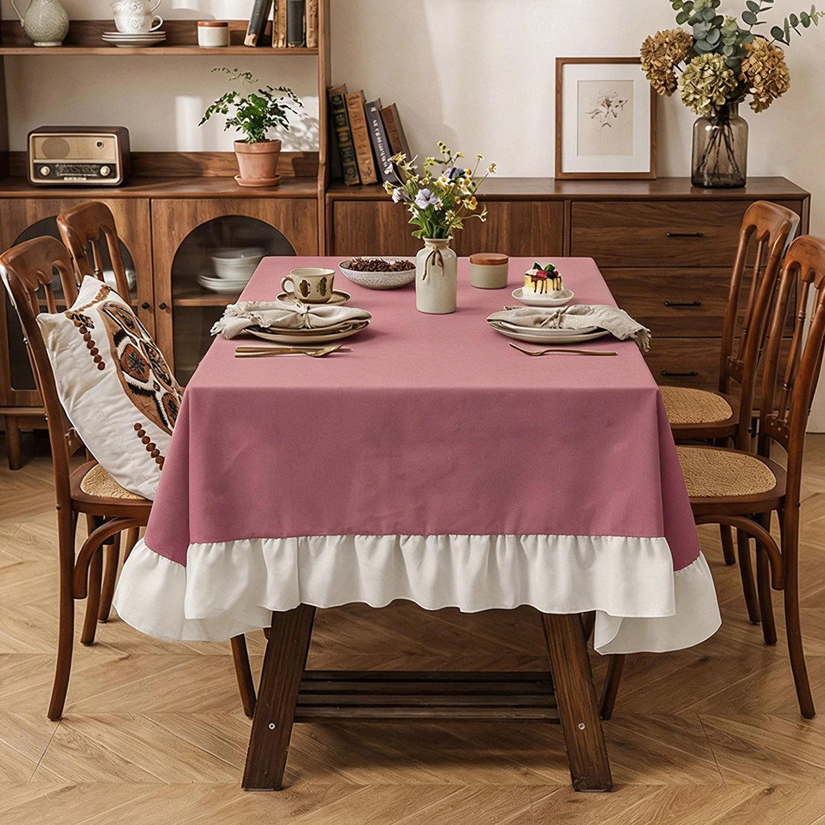 1PC American Style Countryside Ruffle Edge Color Blocked Tablecloth, Washable, Suitable for Living Room, Dining Room, Wedding - Image 4