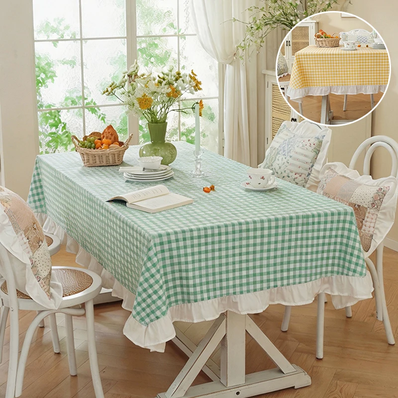 1Pc Fresh Pastoral Plaid Ruffled Tablecloth, Suitable for Living Room, Dining Room, Party, Wedding, Holiday and Party at Home