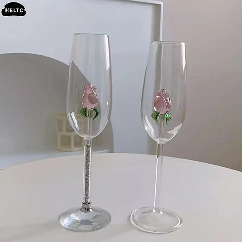 1*Rose Cocktail Glass Creative 3D Pink Glass Rose Built-in Wine Glass Goblet Champagne Home Cute Gift Rose Flower Cocktail Glass - Image 6