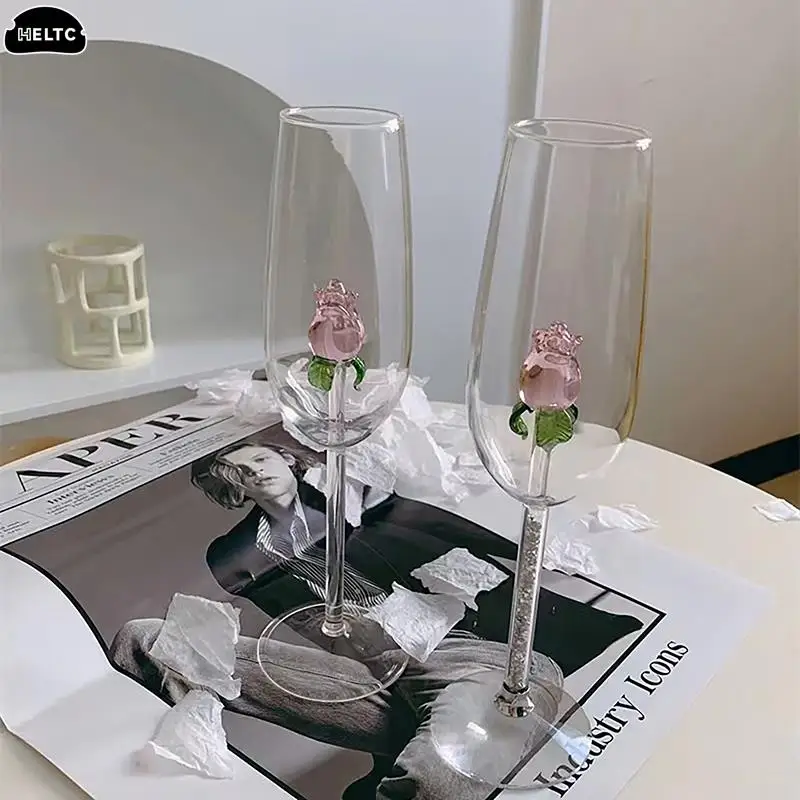 1*Rose Cocktail Glass Creative 3D Pink Glass Rose Built-in Wine Glass Goblet Champagne Home Cute Gift Rose Flower Cocktail Glass - Image 5