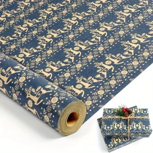 1pc Christmas Wrapping Paper Roll Navy Blue Kraft Wrapping Paper Snowflake Xmas Floral and Reindeer Design Gift Wrapping Paper