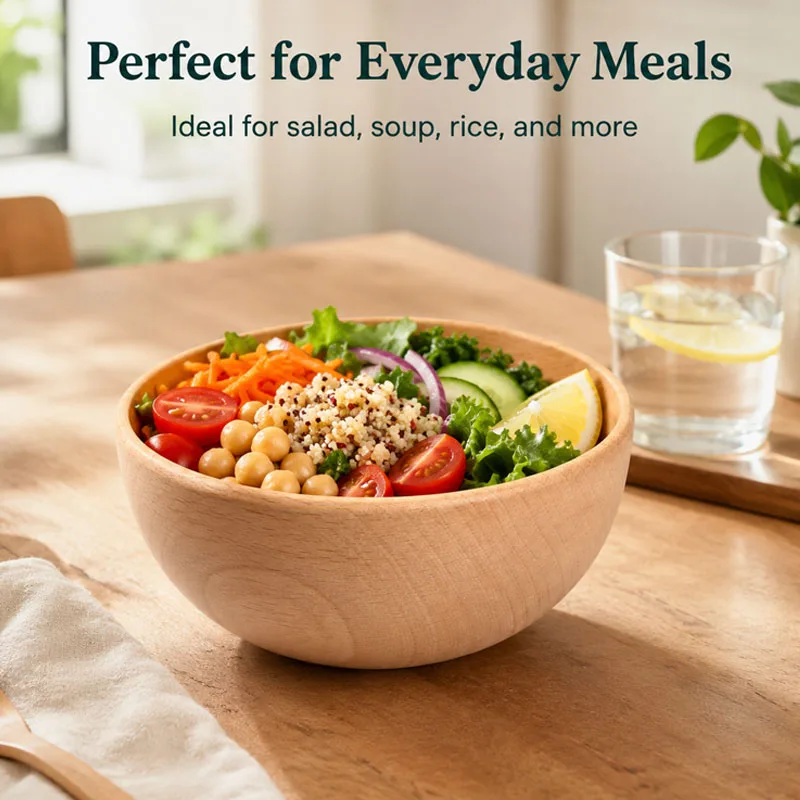 1pcs Multi Purpose Wooden Rice Bowl Whole Carved Smooth Soup Bowl Round Utensils Food Container Tableware Home Kitchen Accessory - Image 3
