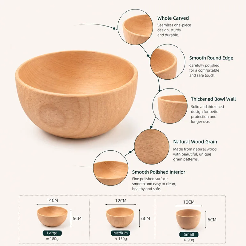 1pcs Multi Purpose Wooden Rice Bowl Whole Carved Smooth Soup Bowl Round Utensils Food Container Tableware Home Kitchen Accessory - Image 4