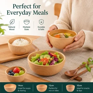 1pcs Multi Purpose Wooden Rice Bowl Whole Carved Smooth Soup Bowl Round Utensils Food Container Tableware Home Kitchen Accessory