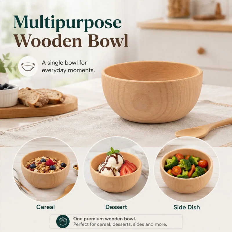 1pcs Multi Purpose Wooden Rice Bowl Whole Carved Smooth Soup Bowl Round Utensils Food Container Tableware Home Kitchen Accessory - Image 5