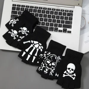 1pcs New Kids Halloween Skeleton Skull Half Finger Luminous Punk Gloves Winter Skull Fingerless Black Mitten