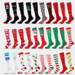 2 Pairs Christmas Knee High Compression Support Socks Santa Snowman Reindeer Xmas Tree Pattern Novelty Holiday Socks