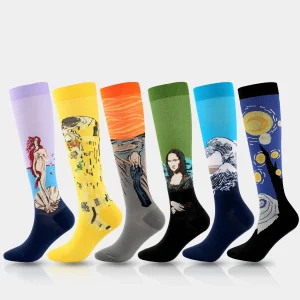 2 Pairs Halloween Novelty Knee High Compression Support Socks with Art Painting Starry Night Mona Lisa The Great Wave Pattern
