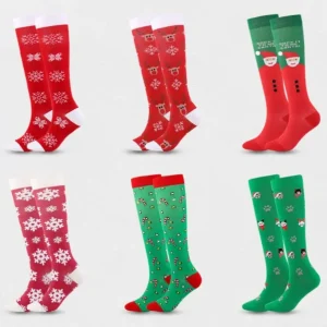 2 Pairs Novelty Holiday Knee High Compression Socks for Women, Santa Snowman Reindeer Xmas Tree Christmas Pattern Support Socks