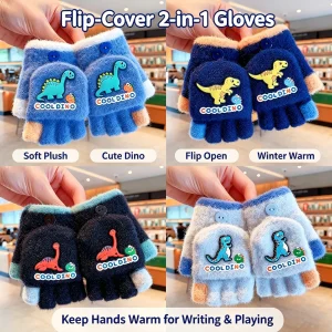 2-in-1 Flip Convertible Mittens Thick Fleece Lined Soft Fuzzy Plush Cute Snap Flip-Top Color Block Windproof Warm Gloves Boys
