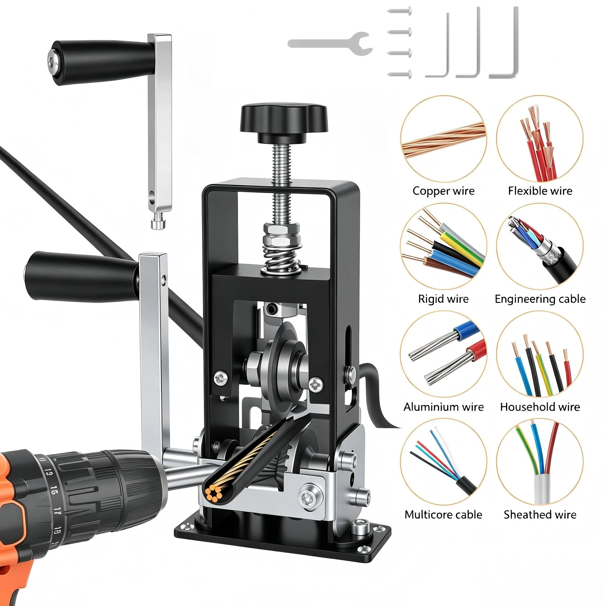 2 in1 Dual Drive Manual Wire Stripper Machine, Hand Crank or Drill Powered, 2-25mm Cable Stripper Machine with Adjustable Wire Stripping,Blade, Detachable Handle, Portable Electric Wire Stripping Tool