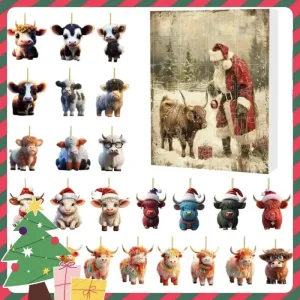 2026 Advent Countdown Calendar Highland Cow, 24 Days Of Christmas Vacation Advent Calendar Pendant, Christmas Tree Cartoon Cow D