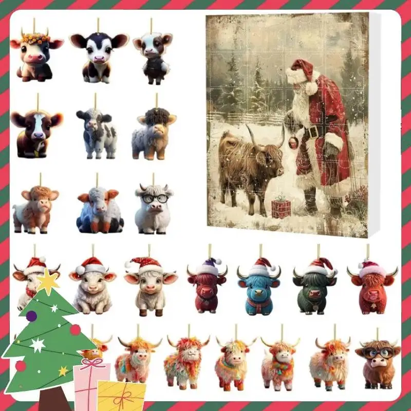 2026 Advent Countdown Calendar Highland Cow, 24 Days Of Christmas Vacation Advent Calendar Pendant, Christmas Tree Cartoon Cow D