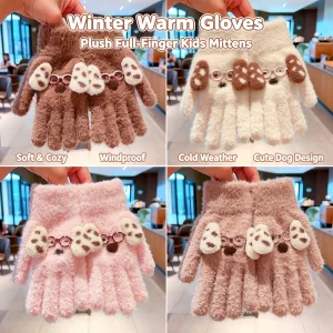 2026 Cute Dog Kids Winter Gloves Soft Faux Mink Velvet Warm Outdoor Knit Full Finger Gloves for Children Boys Girls Cold Weather