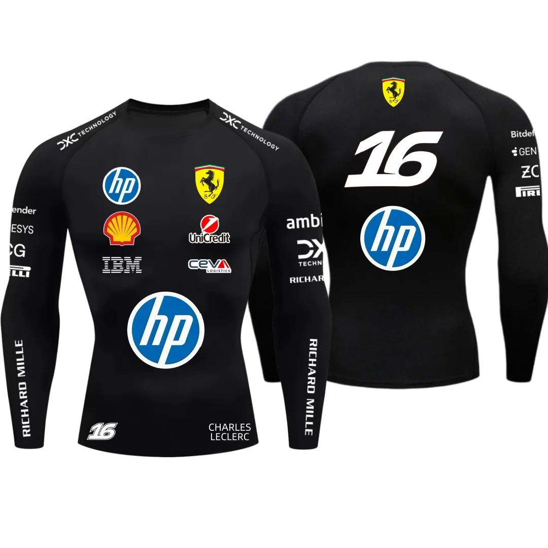 2026 Ferrari Men's Tight T-shirt, Hamilton 44, Outdoor Sports, Racing, Fast Drying, Charles Leclerc 16, Elastic, Long Sleeved - Image 4
