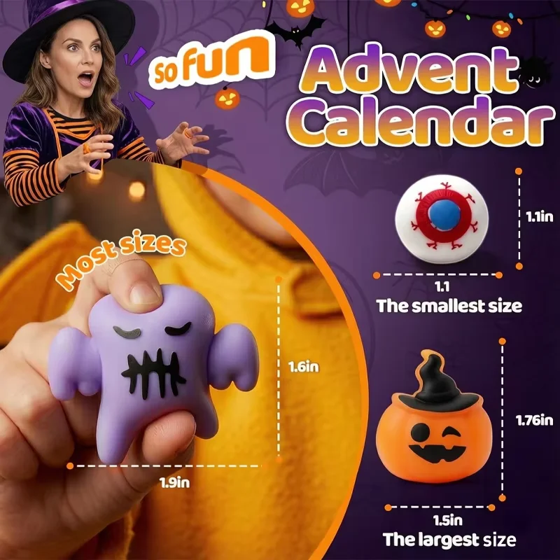 2026 New Halloween Advent Calendar Mini Squishy Blind Box Mixed Ghost Pumpkin Bat Witch Squeeze Novelty Halloween Surprise Gift - Image 3