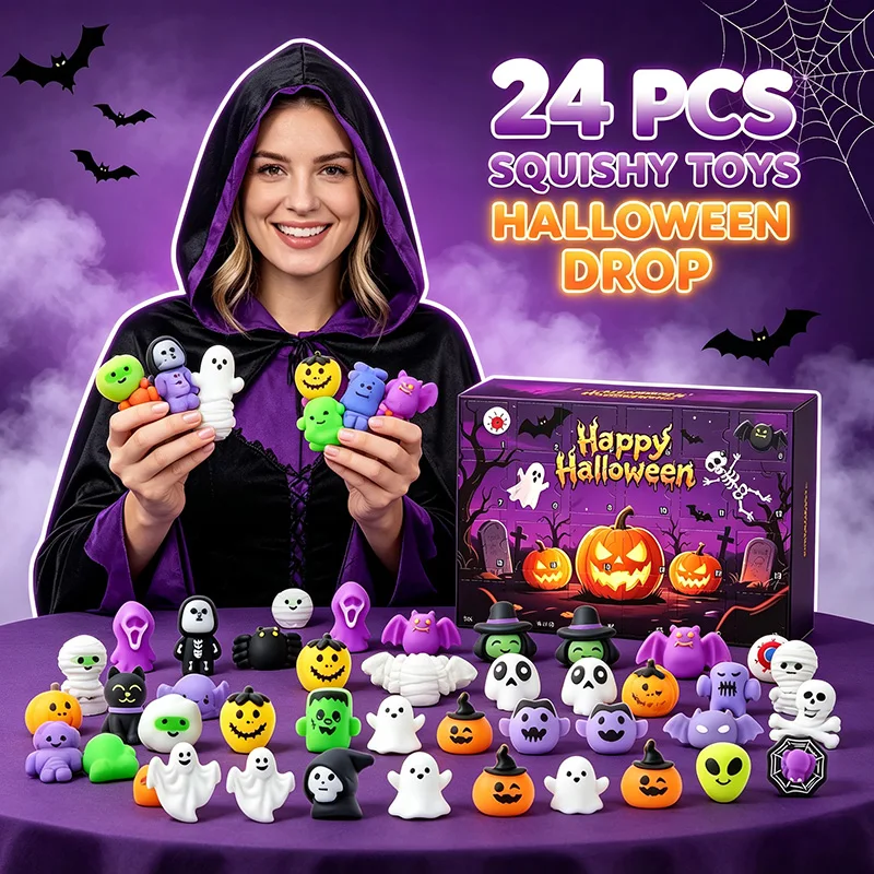 2026 New Halloween Advent Calendar Mini Squishy Blind Box Mixed Ghost Pumpkin Bat Witch Squeeze Novelty Halloween Surprise Gift - Image 4