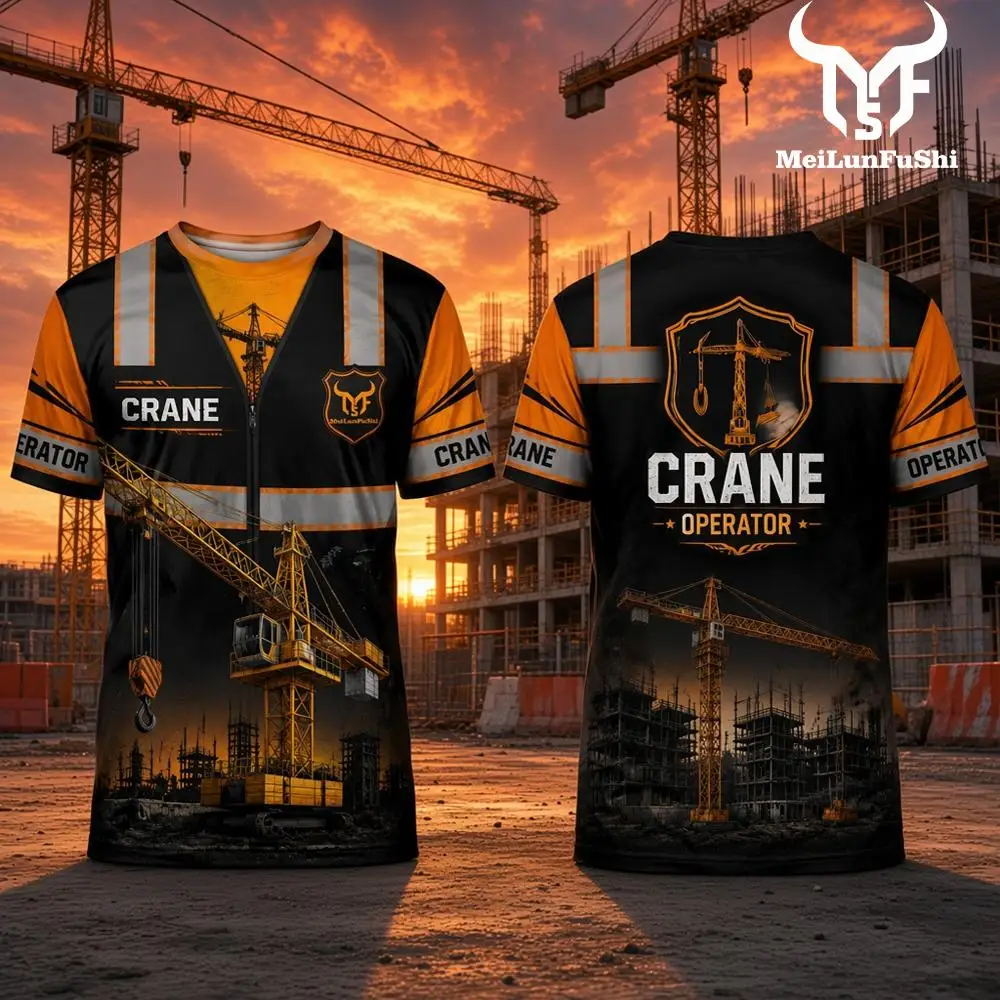 2026 New Men's Tower Crane Lifting 3D Printed T-Shirt Summer Breathable Workwear For Construction Workers Outdoor Work Top