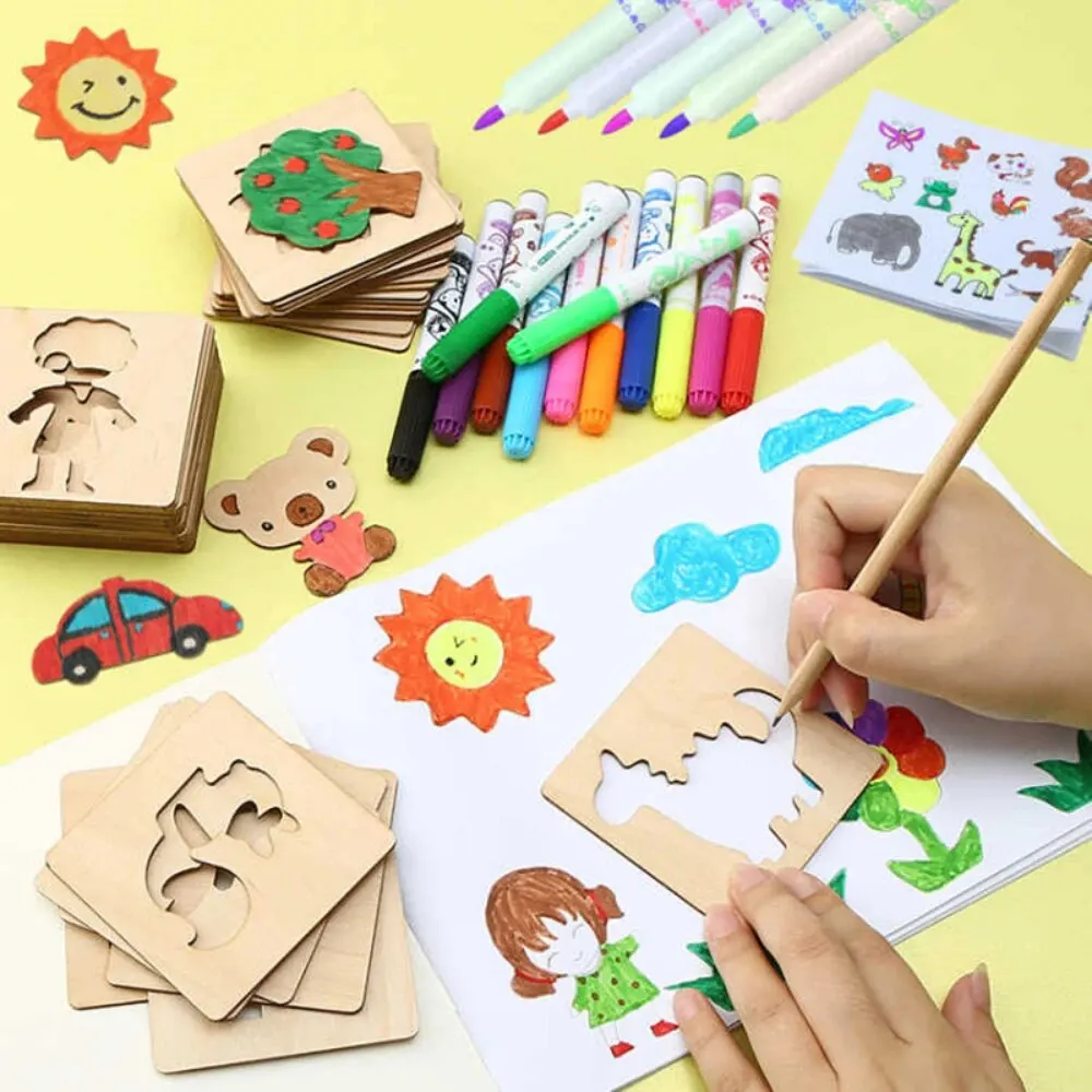 20pcs Montessori Kids Toys Drawing Toys Wooden DIY Painting Template Stencils Learning Educational Toys for Children Gift - Image 2