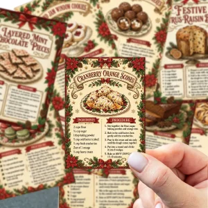 20pcs Poinsettia Holly Border Christmas Dessert Recipe Cards,Christmas Gift Tags,Christmas Baking Party Favor,Cafe Menu Display