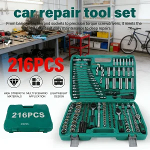 216Pcs Heavy-Duty Mechanic Tool Set, 1/4"/3/8"/1/2" Drive Socket & Wrench Kit, Professional Automotive Repair Hand Tools with Storage Case