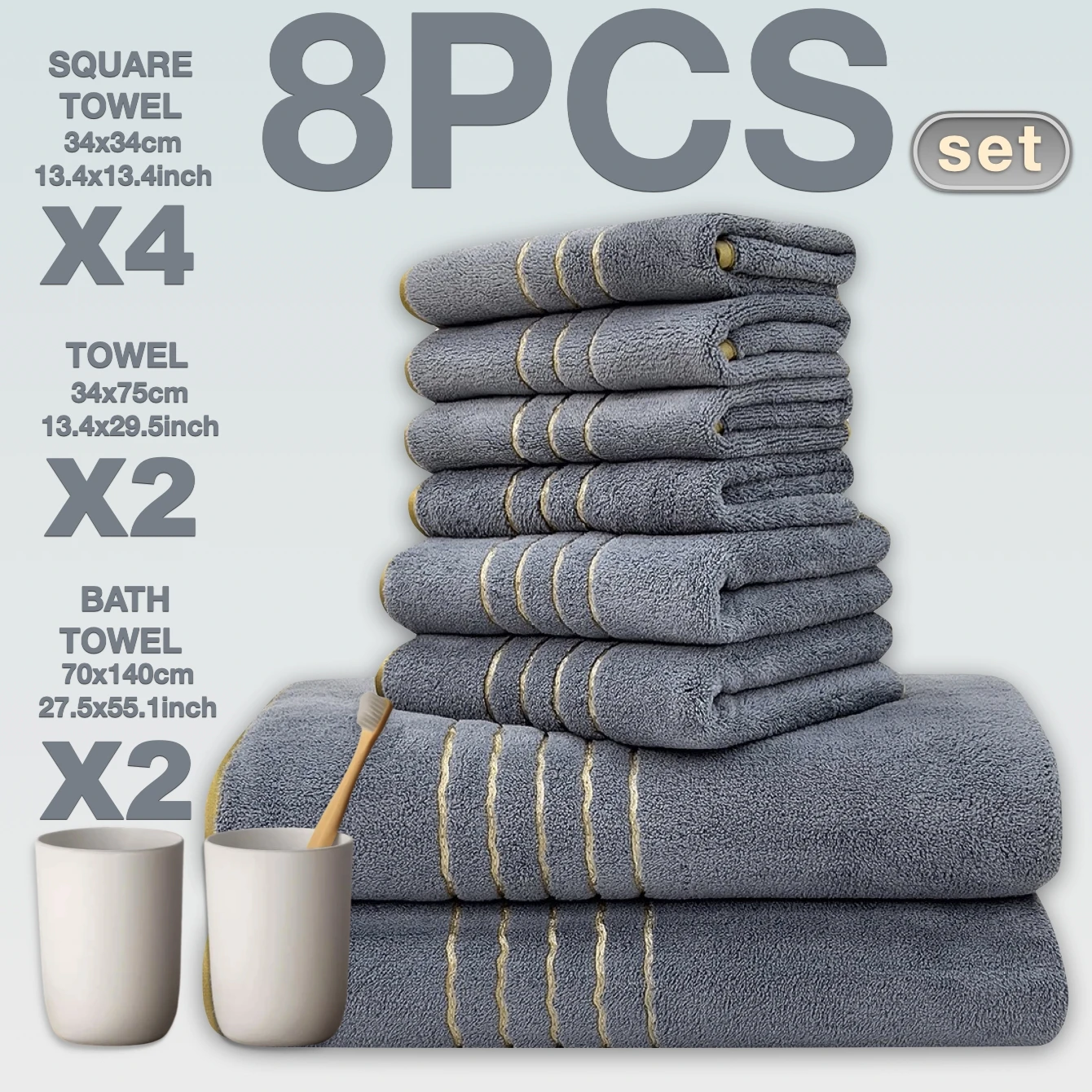 2/3/6/8 Pcs Bath Towel Set White & Gray with Gold Accents, Soft Absorbent Premium Towels for Home, Hotel & Bathroom - Image 6