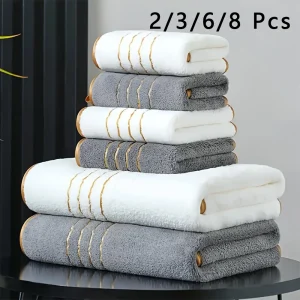 2/3/6/8 Pcs Bath Towel Set White & Gray with Gold Accents, Soft Absorbent Premium Towels for Home, Hotel & Bathroom