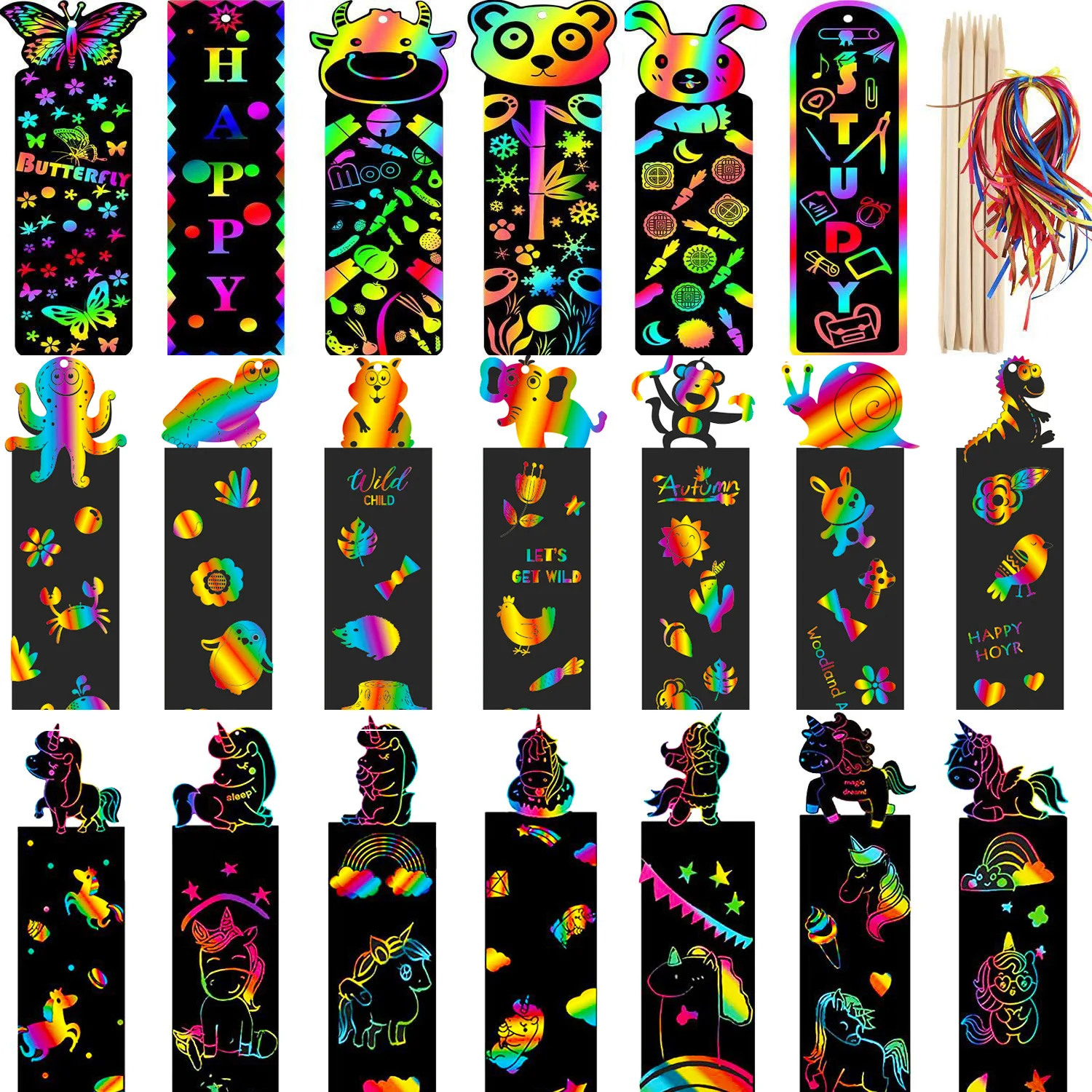 24/48 Pcs Animal DIY Toys Scratching Painting Paper Alien Scratching Painting Colorful Scratching Paper For Kids