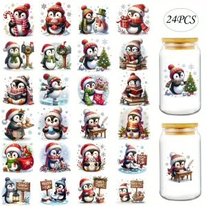24Pcs/Set Watercolor Christmas Penguin DIY Glass Jars Wrap Stickers Coffee Cups UV DTF Transfers Decor Sticker On Mugs