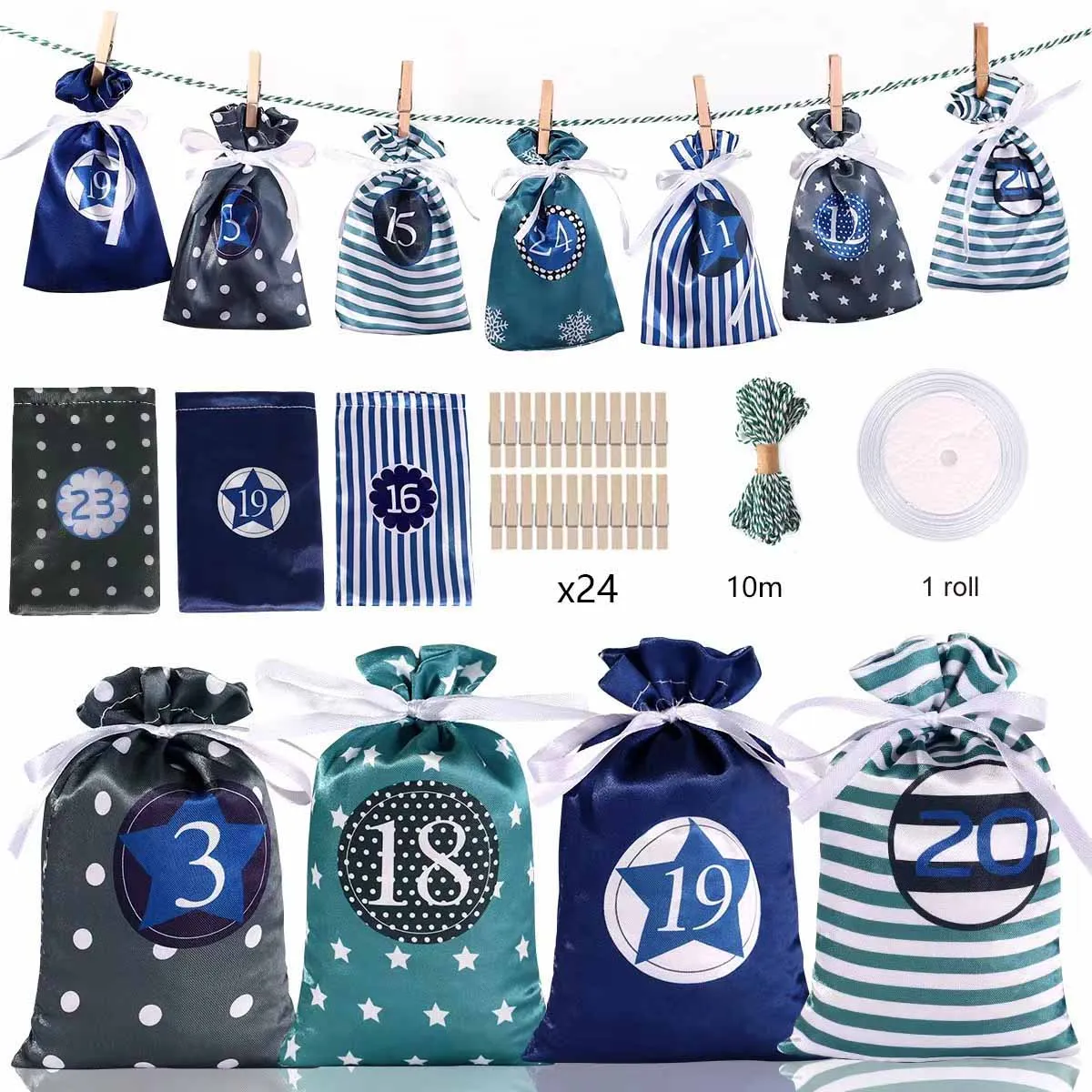 24Pcs/set Christmas Advent Calendar Bag Satin Cloth DIY Drawstring Bag Gift Bags with Clips 2023 Christmas Countdown Advent Bag - Image 2