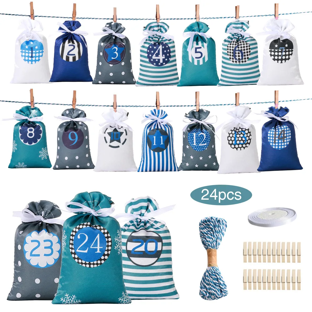 24Pcs/set Christmas Advent Calendar Bag Satin Cloth DIY Drawstring Bag Gift Bags with Clips 2023 Christmas Countdown Advent Bag - Image 3