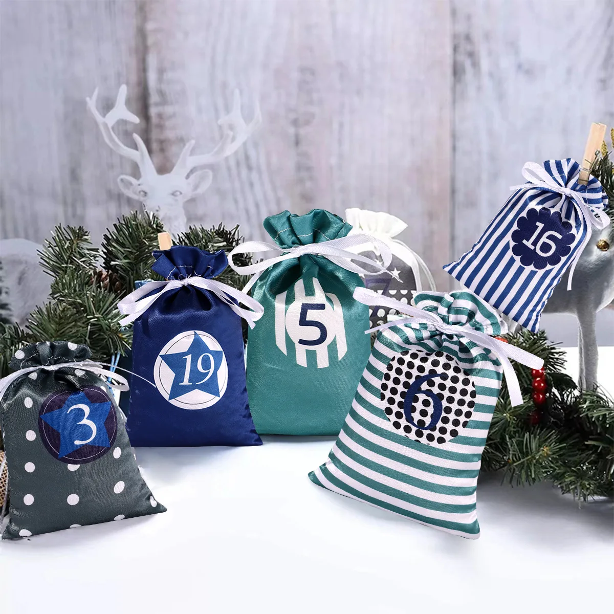 24Pcs/set Christmas Advent Calendar Bag Satin Cloth DIY Drawstring Bag Gift Bags with Clips 2023 Christmas Countdown Advent Bag - Image 4