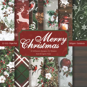 24Sheet Merry Christmas Scrapbook Paper Pad Plaid Snowflake Deer Pattern Craft Paper For Journal Card Making Gift Box Decoration