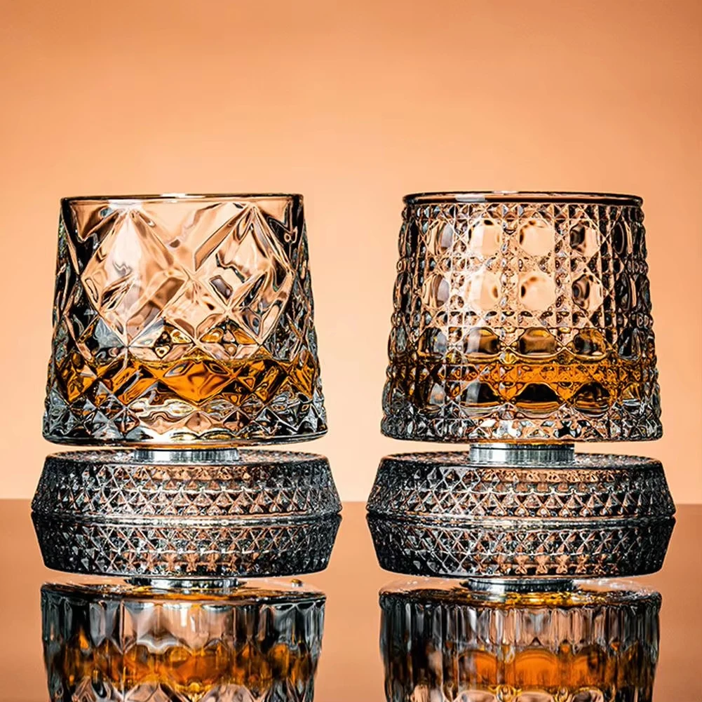 2PCS Whiskey Glasses Rotating Whisky Glass With Glass Base 360 Rotate Degrees Crystal Rum Glass For Cocktail Party Drinking Gift - Image 3