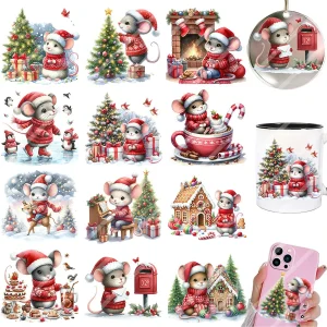 2pcs Cute Christmas Mouse DIY UV DTF Rub On Transfer Stickers Tumbler Glass Cup Wrap Cards Home XMas Tree Ornament Home Decor