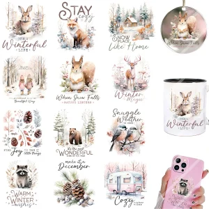 2pcs Winter Christmas Forest Animal DIY UV DTF Rub On Transfer Stickers Tumbler Glass Cup Can Wrap Card Xmas Tree Ornament Decor