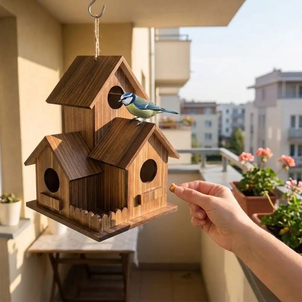 3 Chambers Wooden Bird House Incubation Box Thickened Bird Breeding Box Weather Resistant Handmade Bird Villa Nest - Image 6