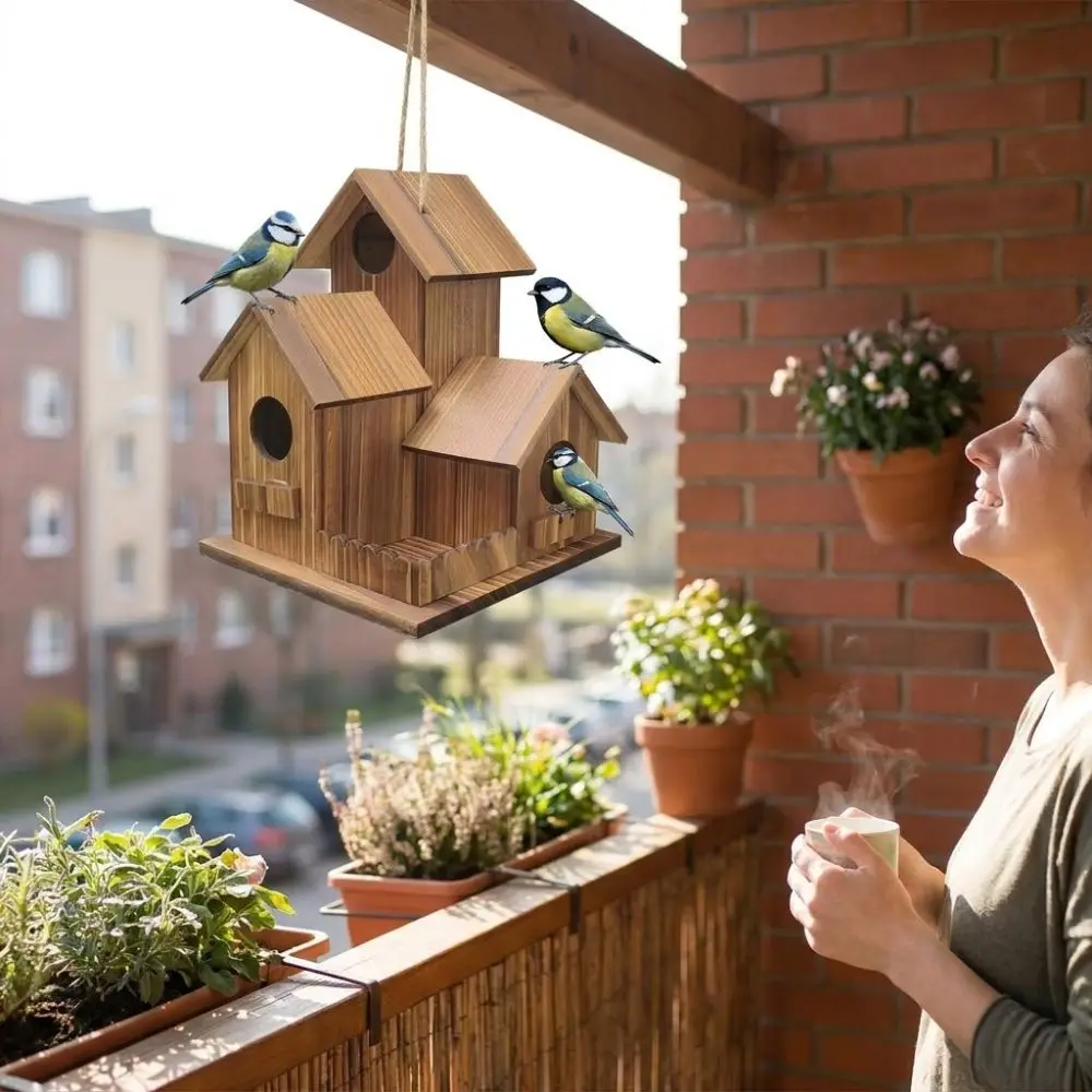 3 Chambers Wooden Bird House Thickened Weather Resistant Bird Breeding Box Rustic Incubation Box Hanging Birdhouse Backyard - Image 5