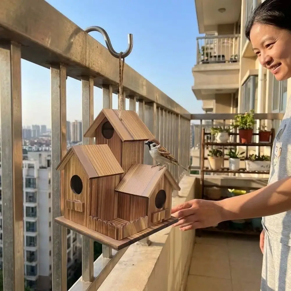 3 Chambers Wooden Bird House Thickened Weather Resistant Bird Breeding Box Rustic Incubation Box Hanging Birdhouse Backyard - Image 3