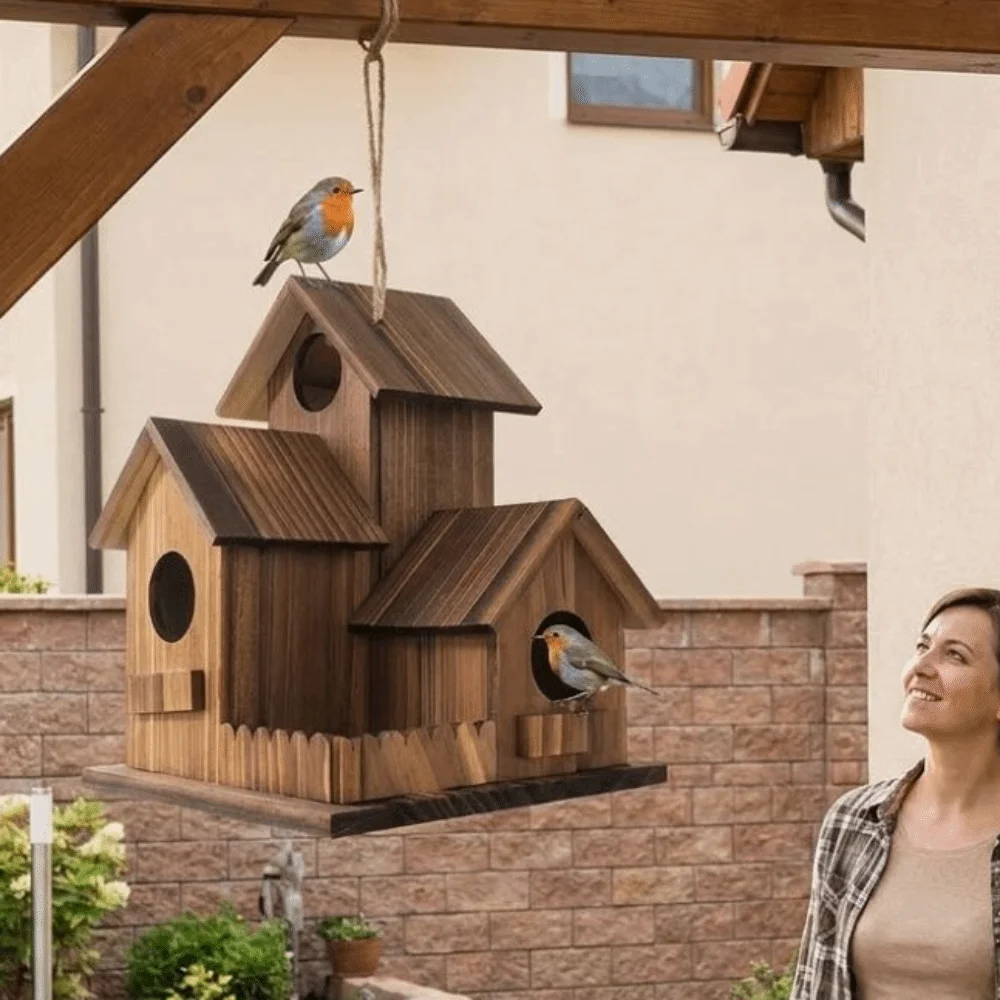 3 Chambers Wooden Bird House Thickened Weather Resistant Bird Breeding Box Rustic Incubation Box Hanging Birdhouse Backyard - Image 6